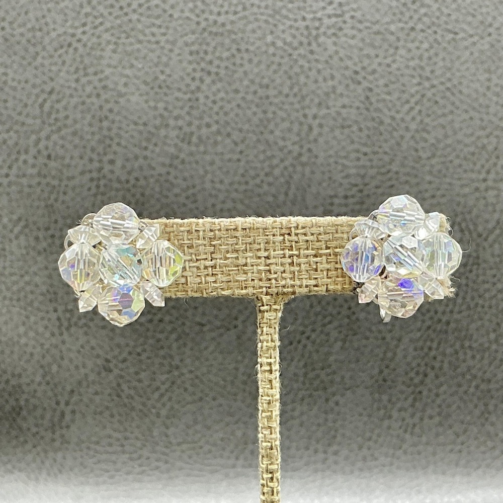 Vintage Laguna‎ Earrings Clear Crystal Beaded Clip On Womens Cluster Jewelry